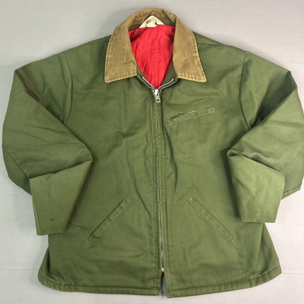 Vintage Key Imperial Chore Coat 1950s 60s Ideal Talon Zip Olive Duck Canvas L